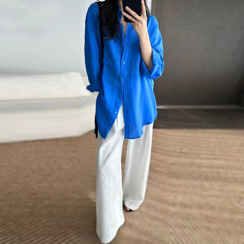 France style pocket shirt long sleeve flax casual pants a set