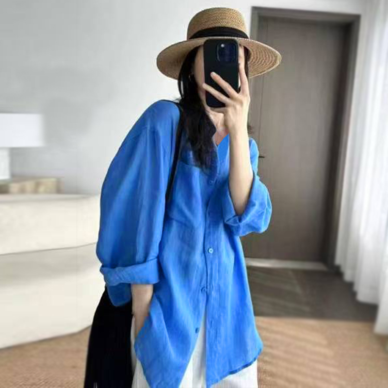 France style pocket shirt long sleeve flax casual pants a set