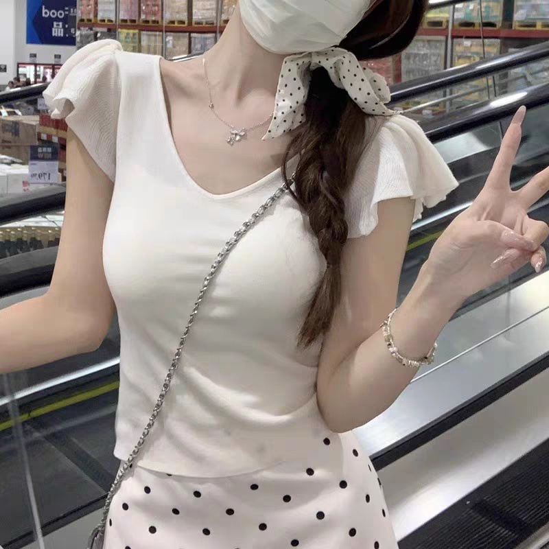Slim sweet knitted small shirt summer boats sleeve tops