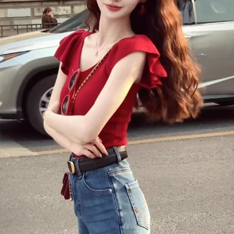 Slim sweet knitted small shirt summer boats sleeve tops