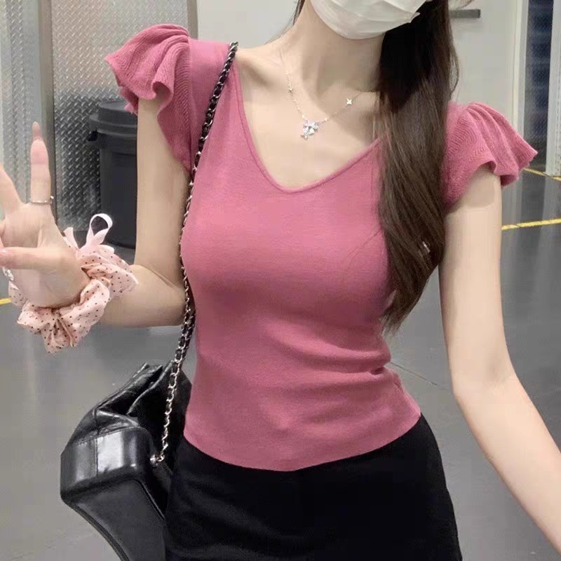 Slim sweet knitted small shirt summer boats sleeve tops