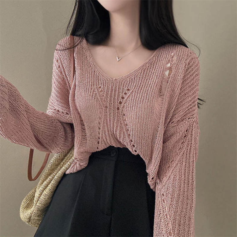 Lazy hollow smock knitted thin tops for women
