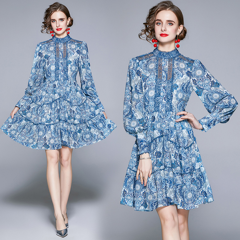 Lantern sleeve lace hollow temperament dress
