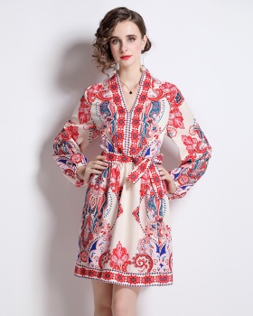 Casual printing European style V-neck dress