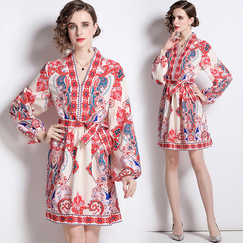 Casual printing European style V-neck dress