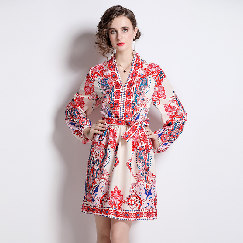 Casual printing European style V-neck dress