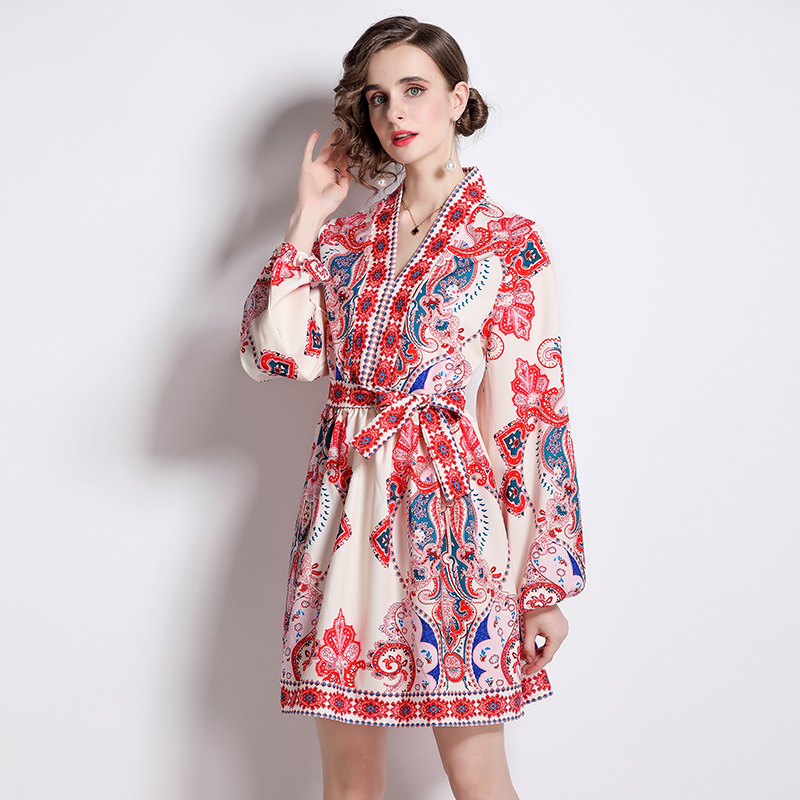 Casual printing European style V-neck dress