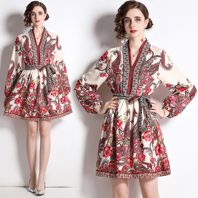 European style flower with belt slim V-neck dress