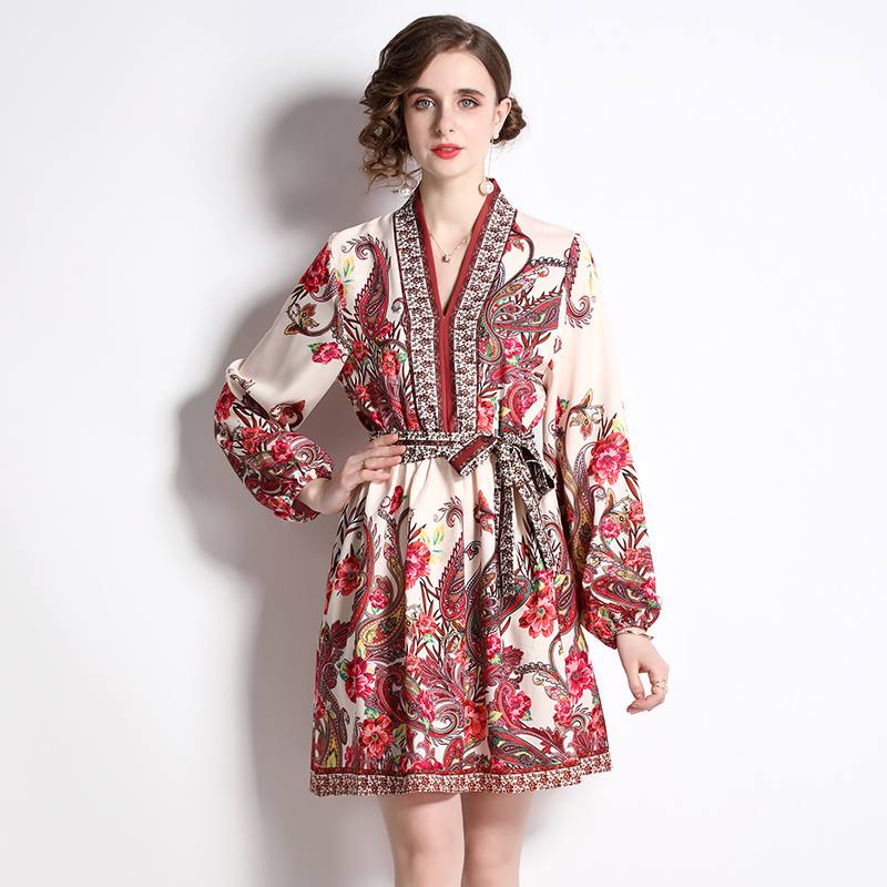 European style flower with belt slim V-neck dress