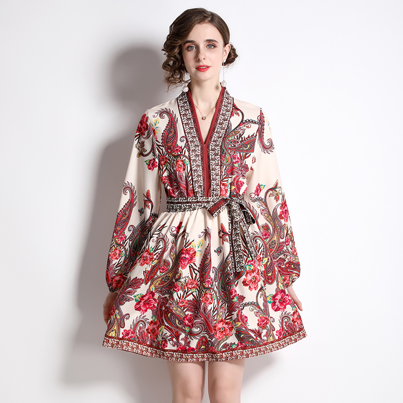 European style flower with belt slim V-neck dress