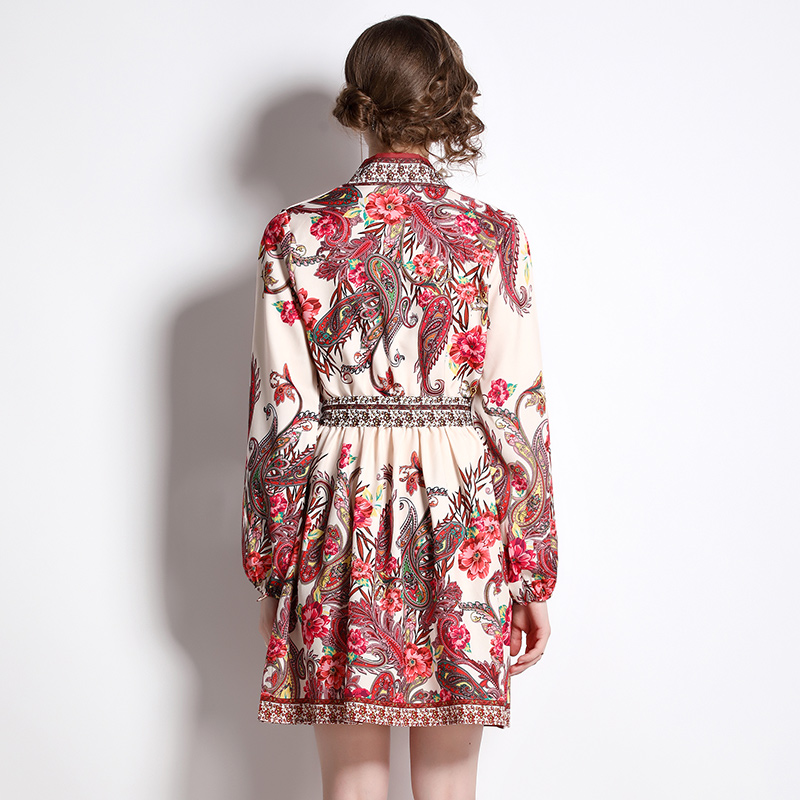 European style flower with belt slim V-neck dress