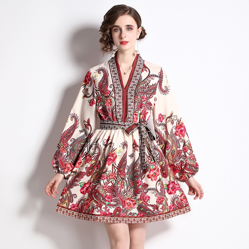 European style flower with belt slim V-neck dress