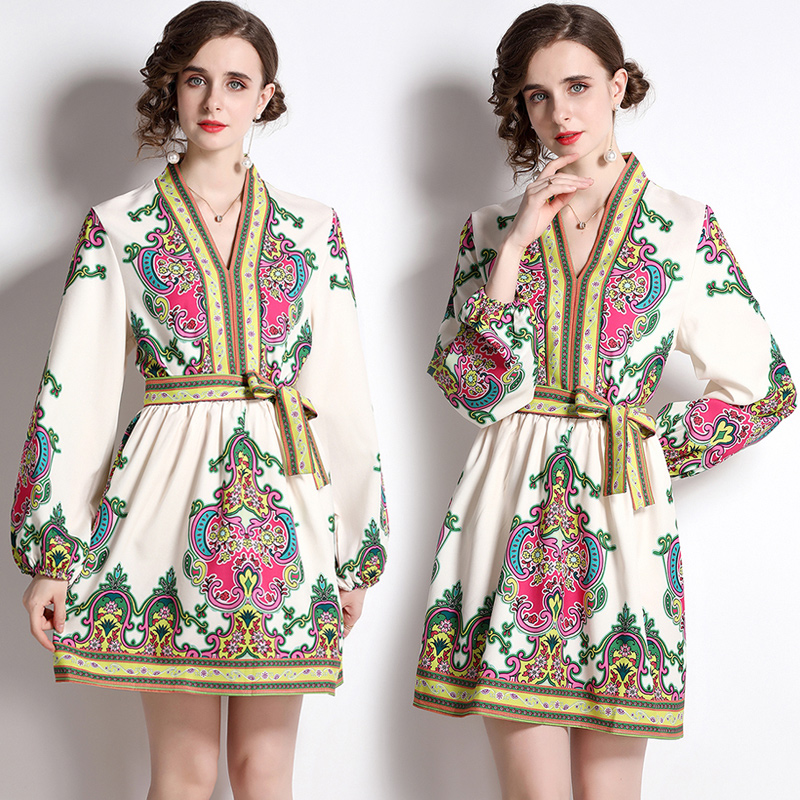 European style temperament V-neck with belt slim dress