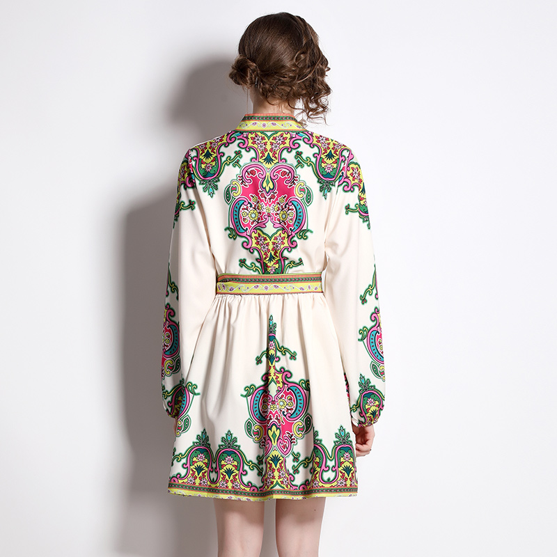 European style temperament V-neck with belt slim dress