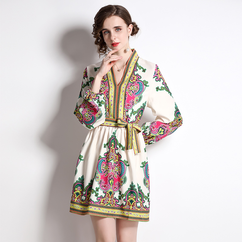 European style temperament V-neck with belt slim dress