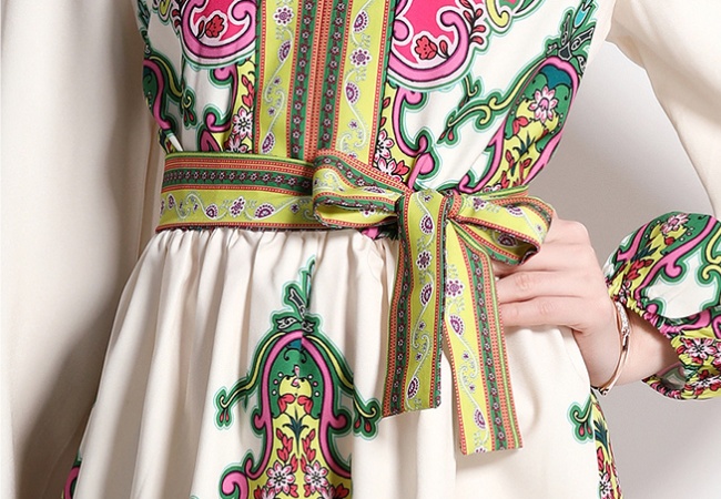 European style temperament V-neck with belt slim dress