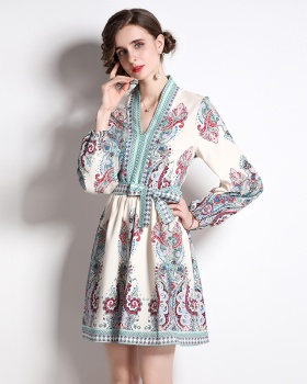 Pinched waist loose retro dress slim V-neck T-back