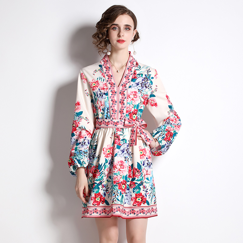 Slim V-neck European style flower long sleeve dress