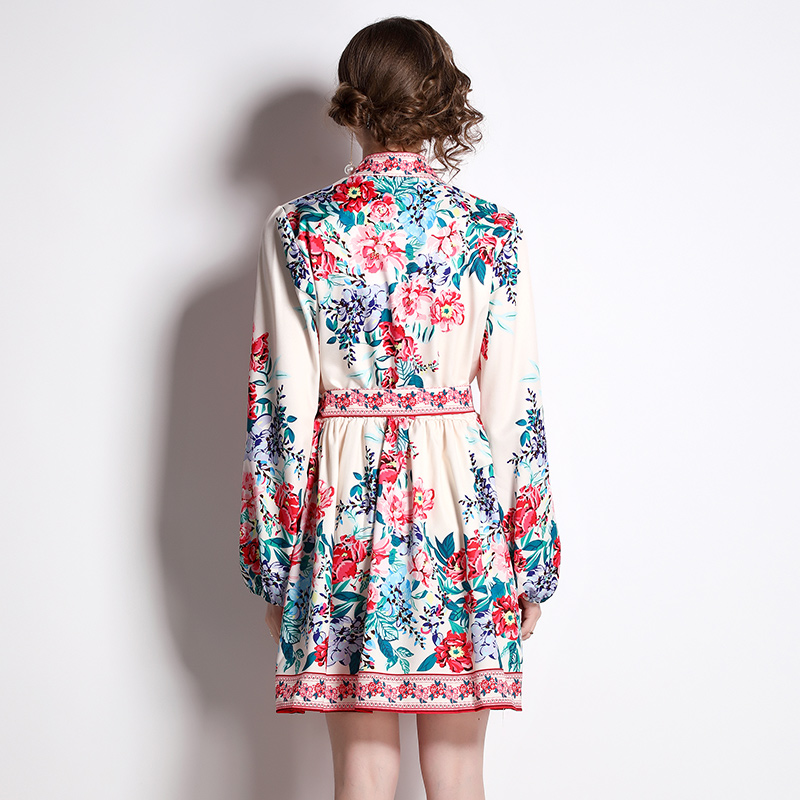 Slim V-neck European style flower long sleeve dress