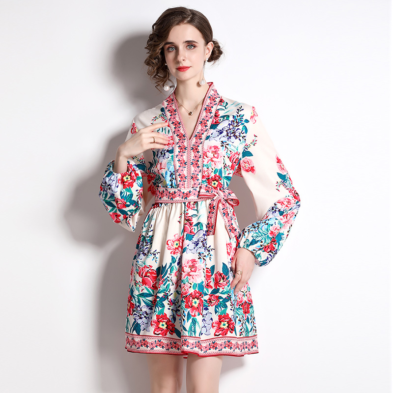 Slim V-neck European style flower long sleeve dress