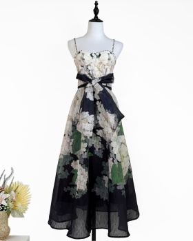 Catwalk sling silk linen wrapped chest printing dress