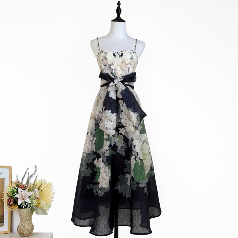 Catwalk sling silk linen wrapped chest printing dress
