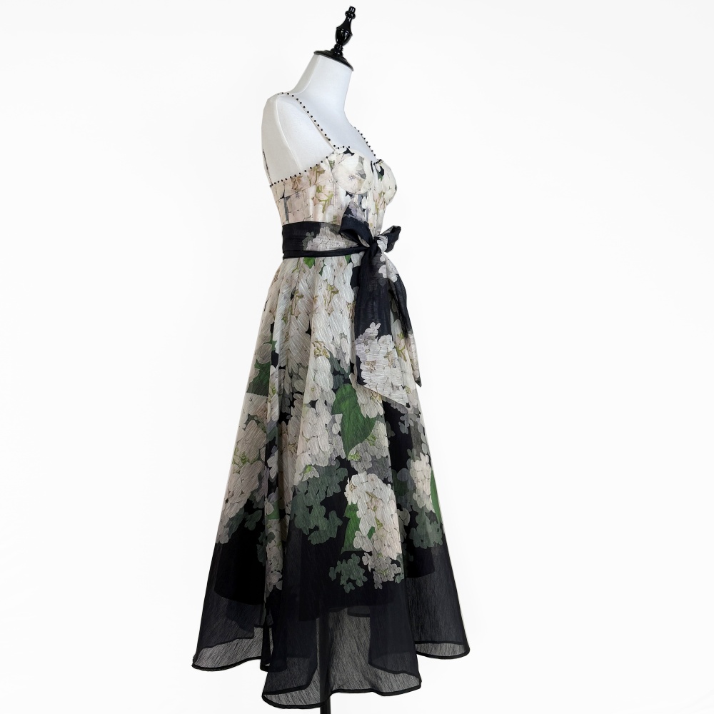 Catwalk sling silk linen wrapped chest printing dress
