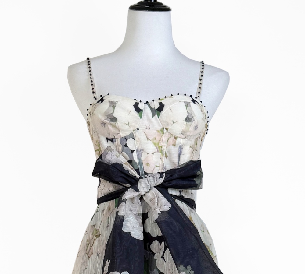 Catwalk sling silk linen wrapped chest printing dress