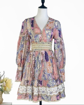 Splice printing lace European style court style dress
