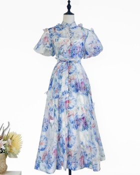 Colors ladies printing rose buckle elegant long dress