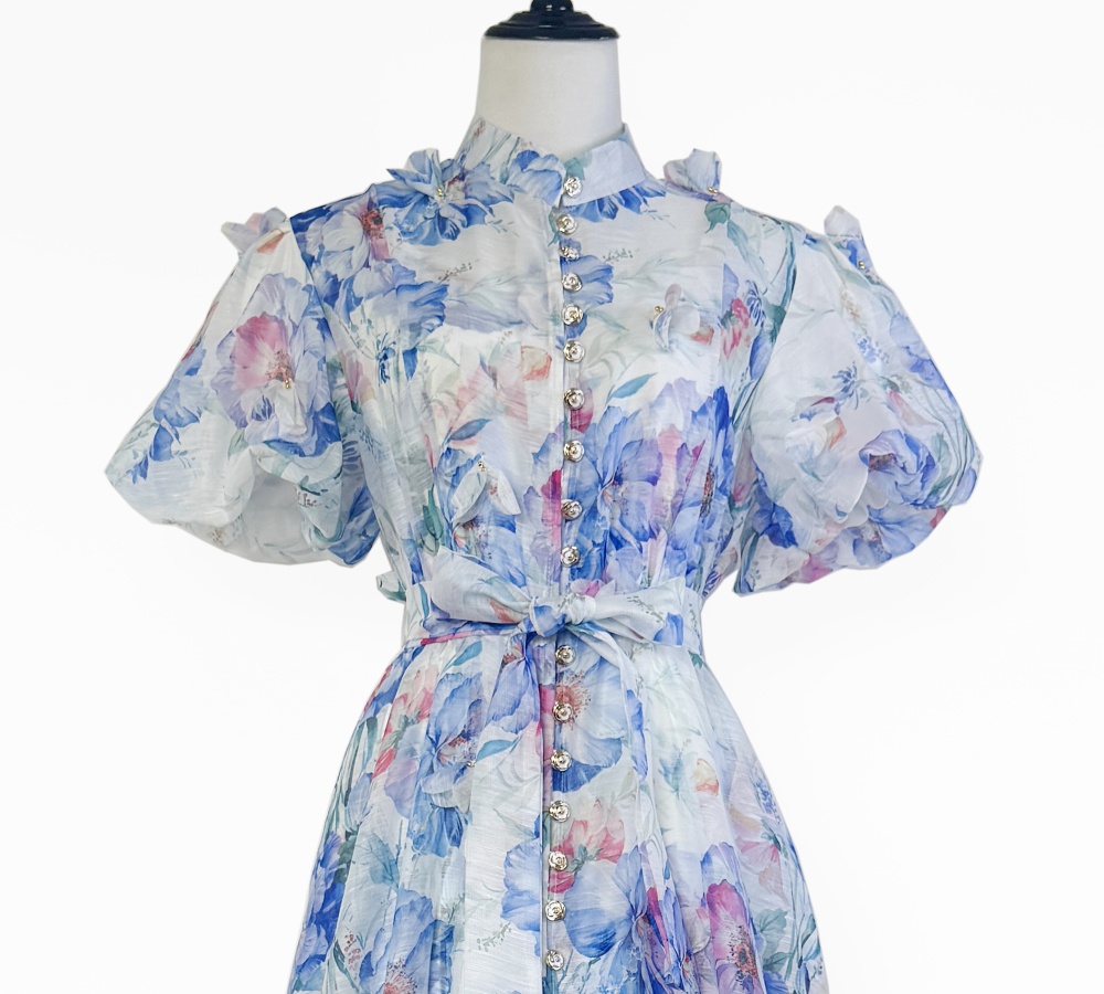 Colors ladies printing rose buckle elegant long dress
