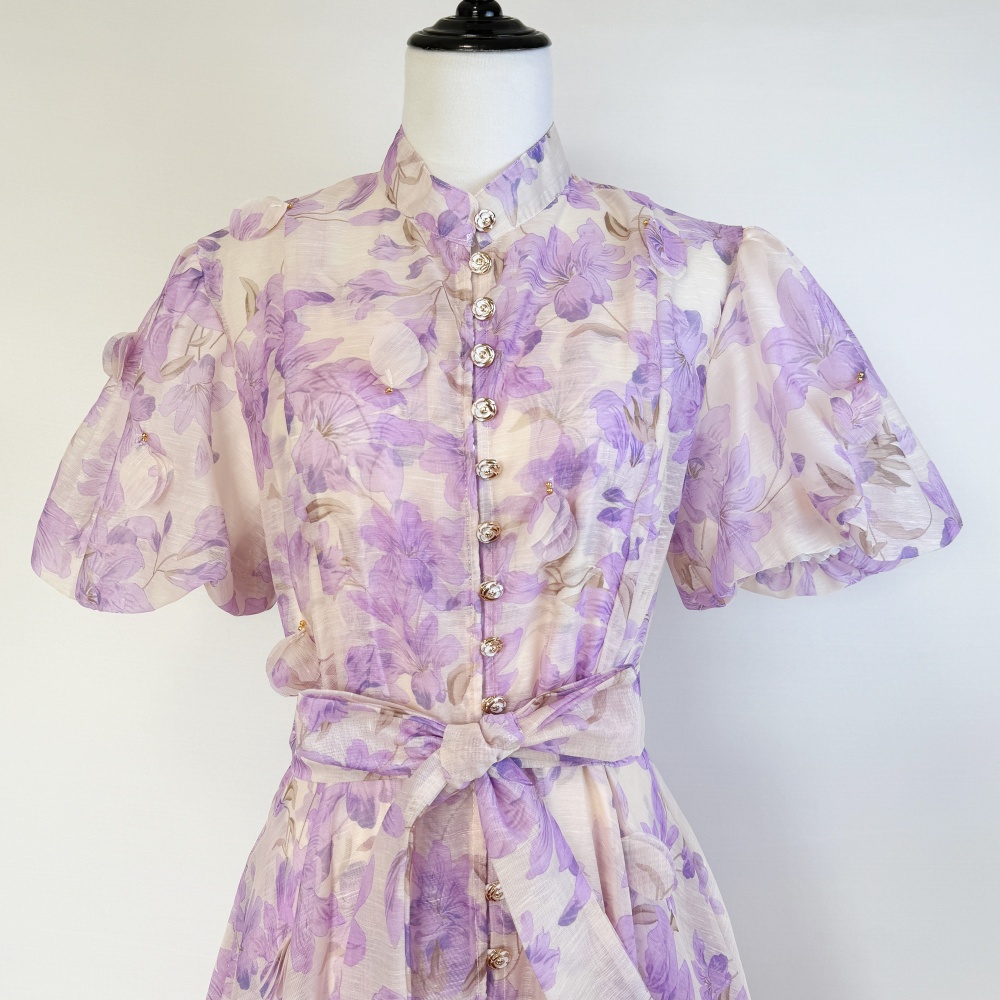 Colors ladies printing rose buckle elegant long dress