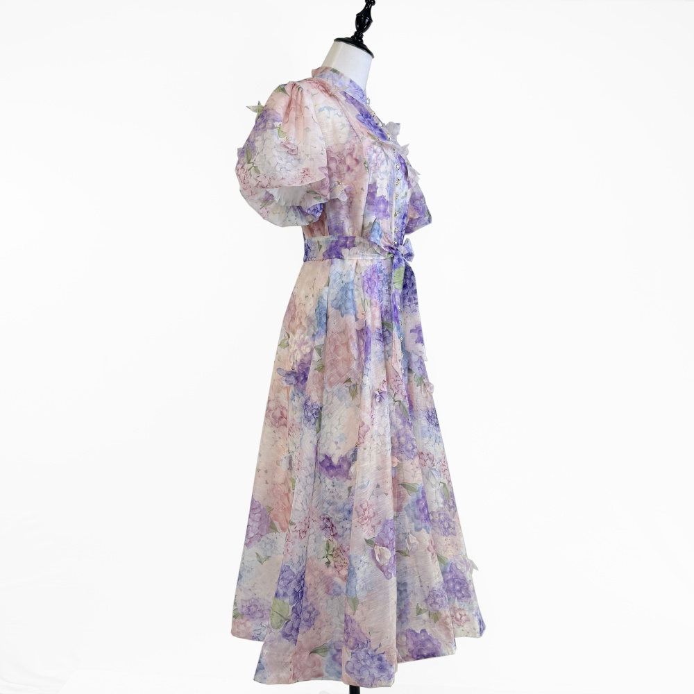 Colors ladies printing rose buckle elegant long dress