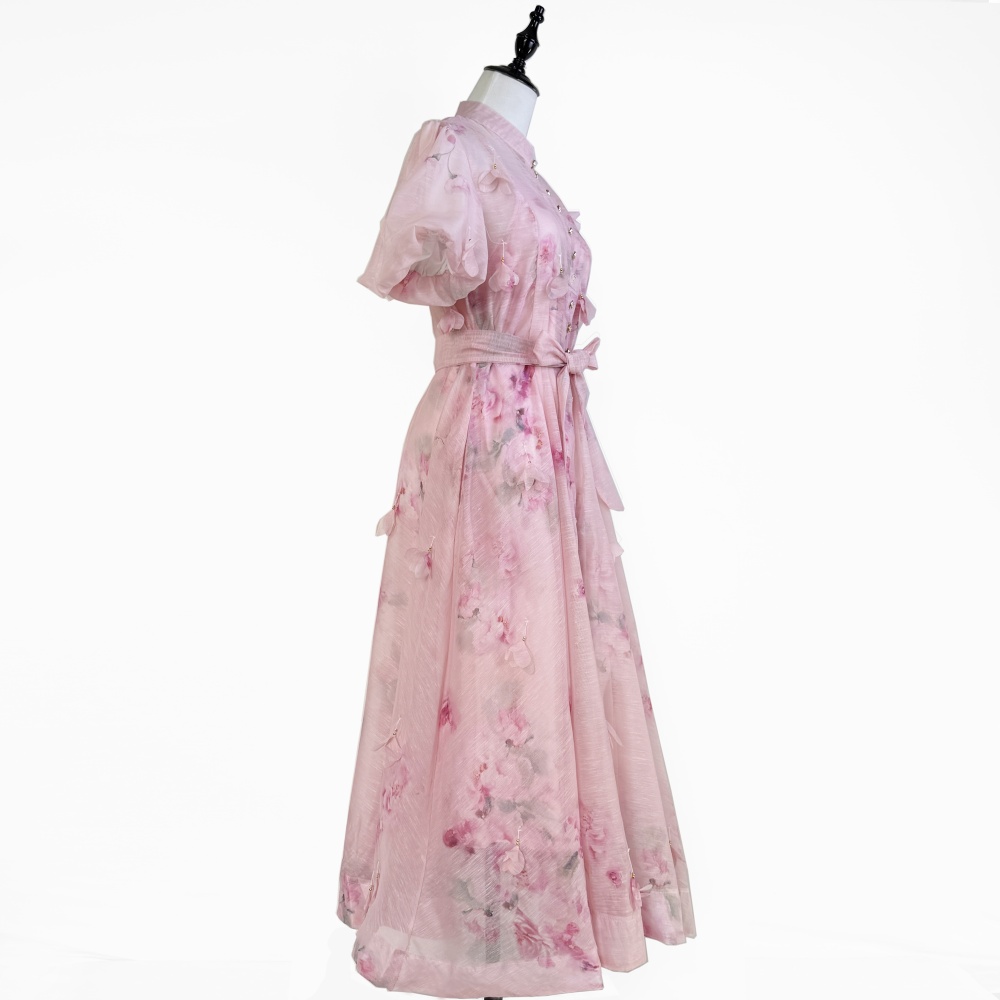 Colors ladies printing rose buckle elegant long dress