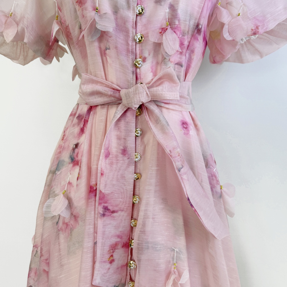 Colors ladies printing rose buckle elegant long dress