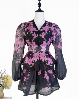 Printing lotus leaf edges shorts beading V-neck tops 2pcs set