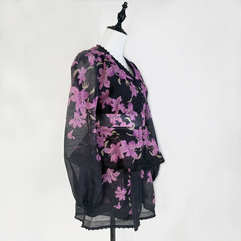 Printing lotus leaf edges shorts beading V-neck tops 2pcs set