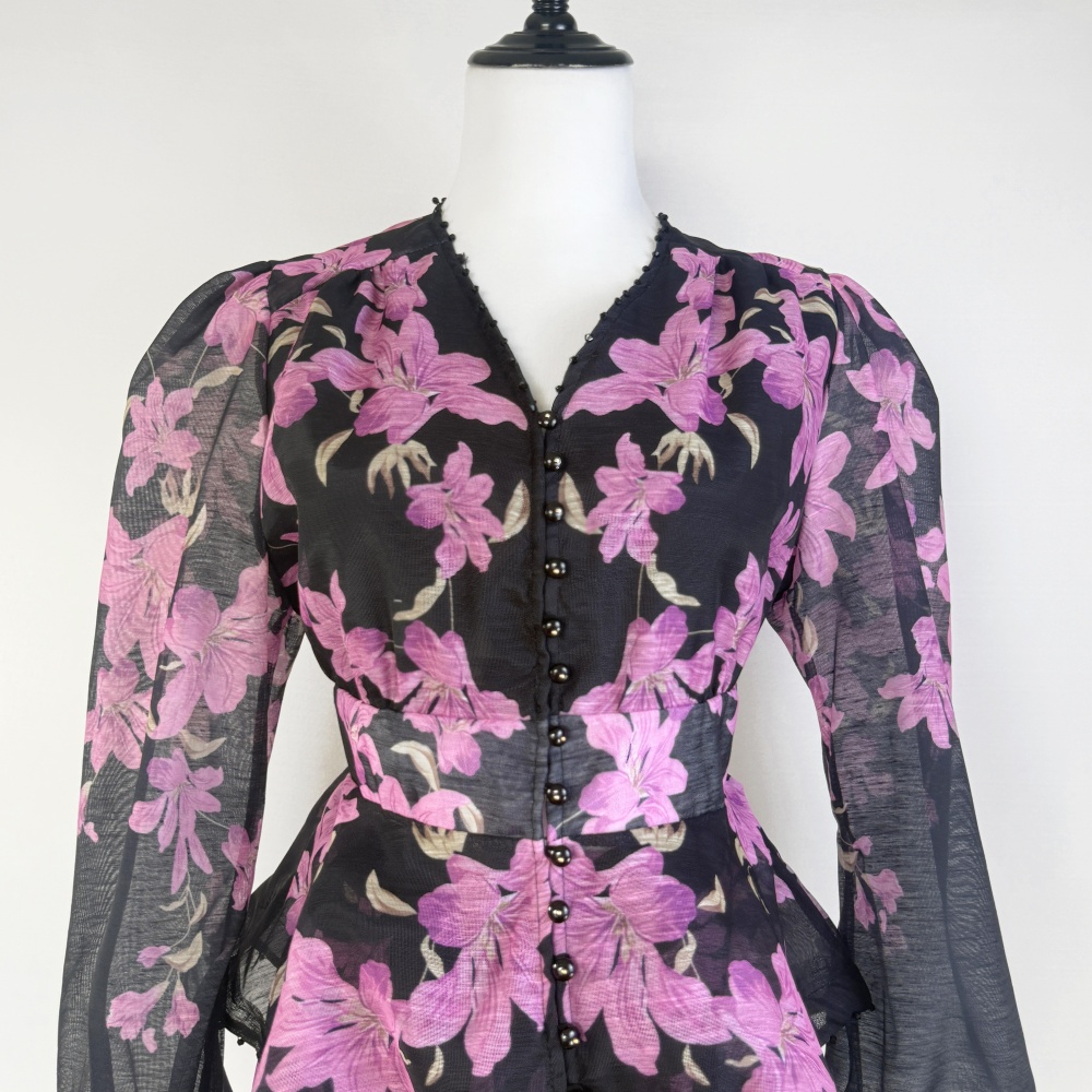 Printing lotus leaf edges shorts beading V-neck tops 2pcs set