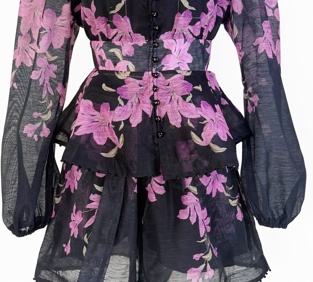 Printing lotus leaf edges shorts beading V-neck tops 2pcs set