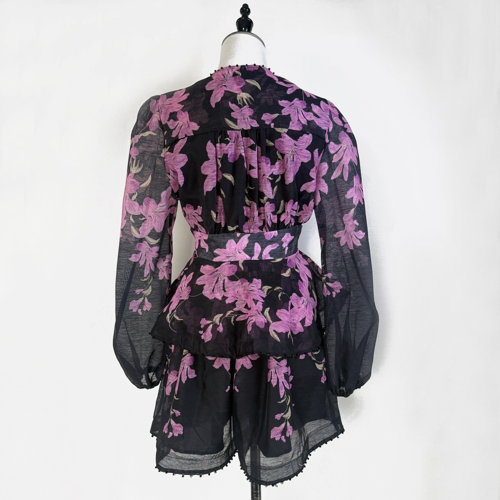 Printing lotus leaf edges shorts beading V-neck tops 2pcs set