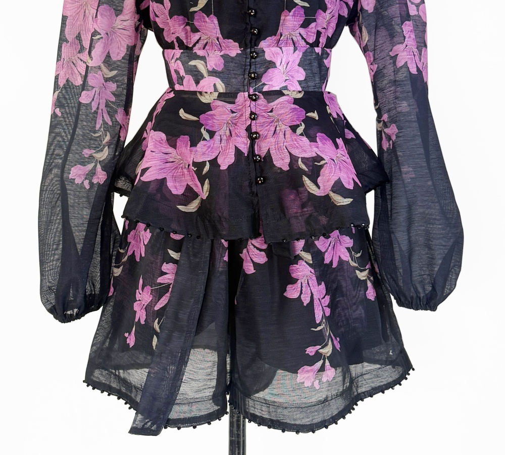 Printing lotus leaf edges shorts beading V-neck tops 2pcs set