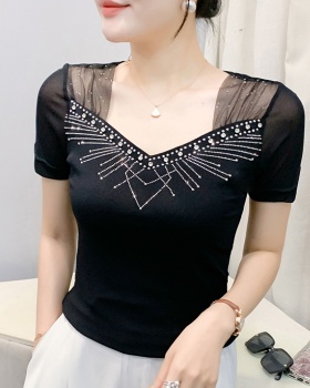 Unique rhinestone beading T-shirt gauze slim tops for women