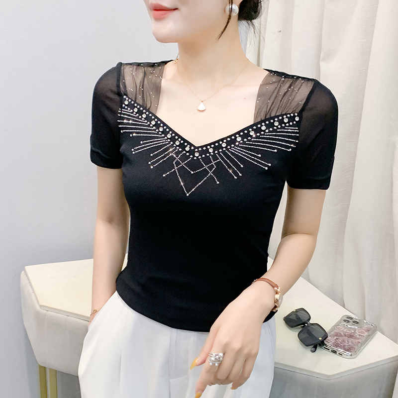 Unique rhinestone beading T-shirt gauze slim tops for women
