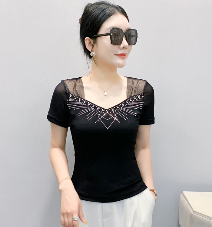 Unique rhinestone beading T-shirt gauze slim tops for women