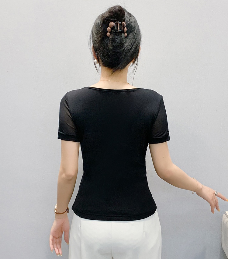 Unique rhinestone beading T-shirt gauze slim tops for women