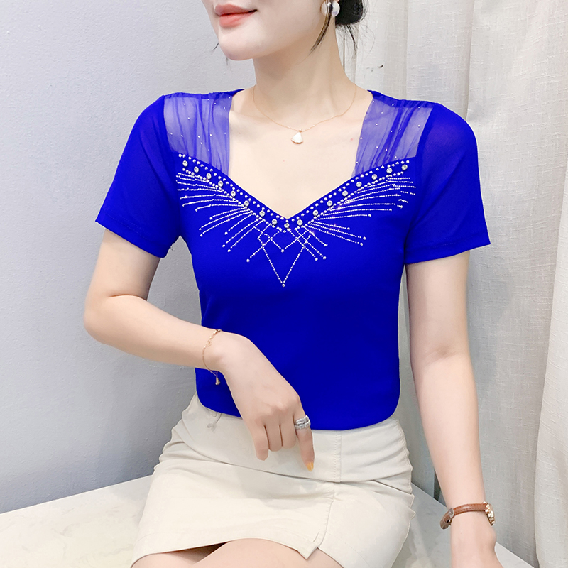 Unique rhinestone beading T-shirt gauze slim tops for women