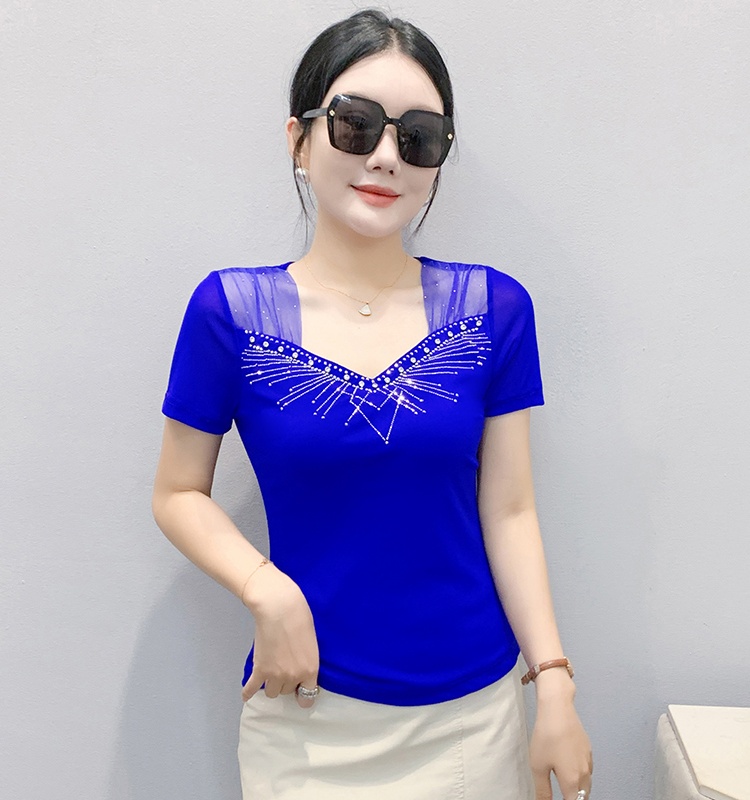 Unique rhinestone beading T-shirt gauze slim tops for women