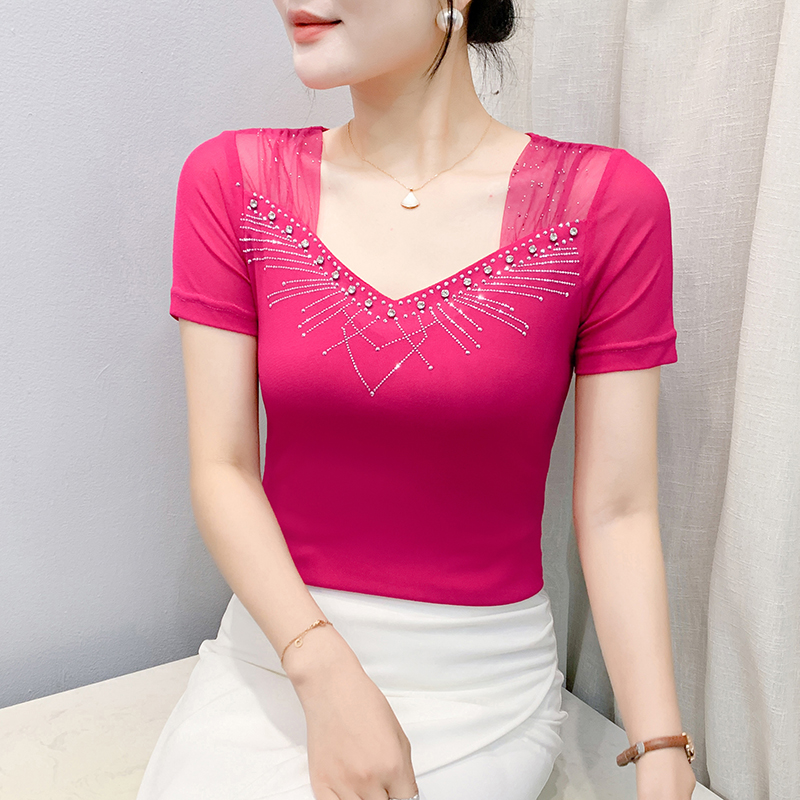 Unique rhinestone beading T-shirt gauze slim tops for women