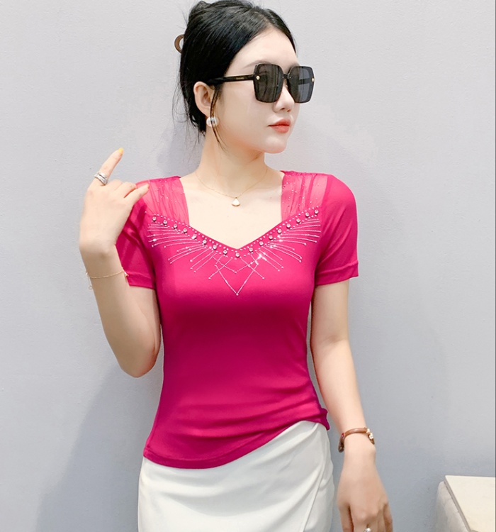 Unique rhinestone beading T-shirt gauze slim tops for women