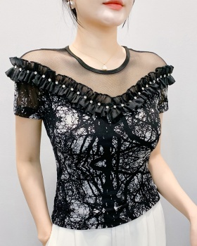 Short sleeve gauze lace tops beading unique T-shirt